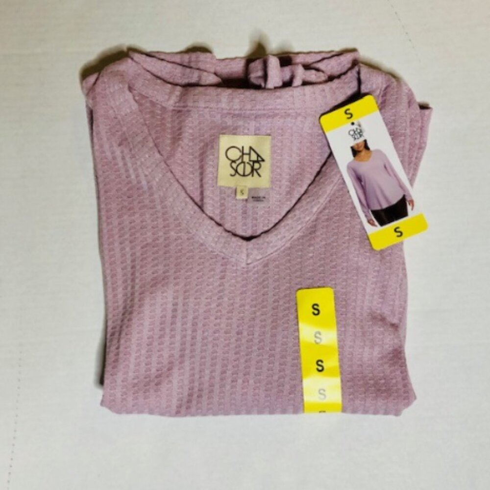 Chaser Womens Waffle Knit Thermal Long Sleeve V Neck shirt Pink S